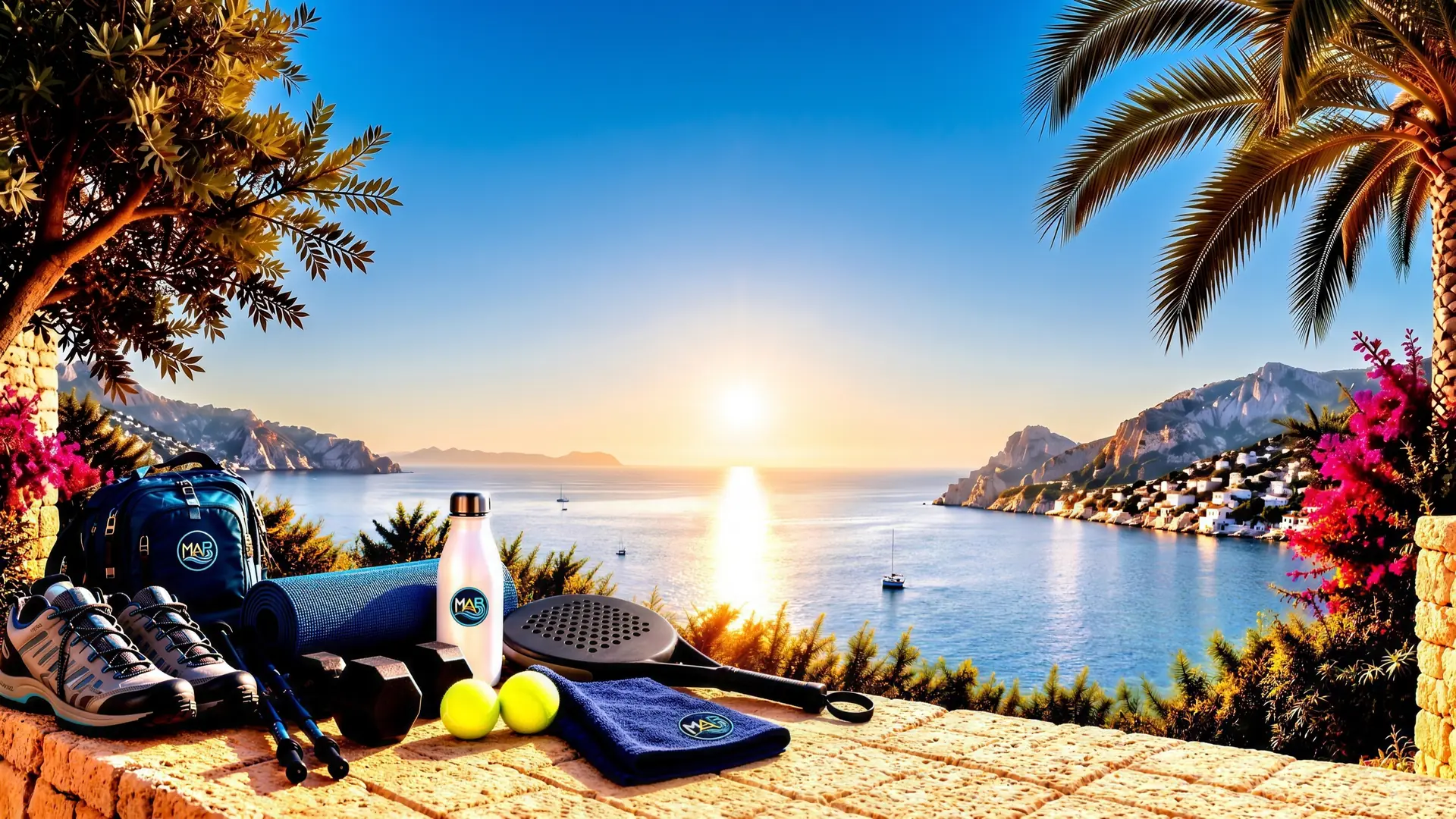 A sunlit stone terrace above a Mediterranean bay on the Costa Blanca, with walking boots, a padel racket, balls, a yoga mat and a towel laid out on the wall